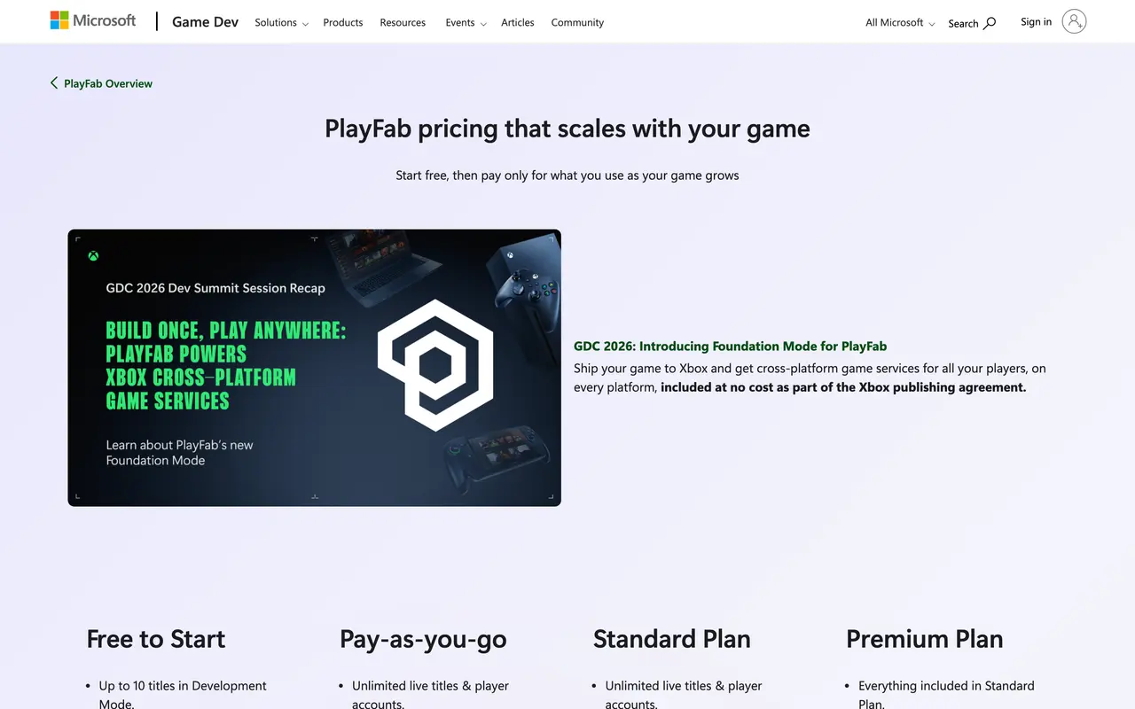 PlayFab pricing page - Game Backend SaaS pricing tiers and plans