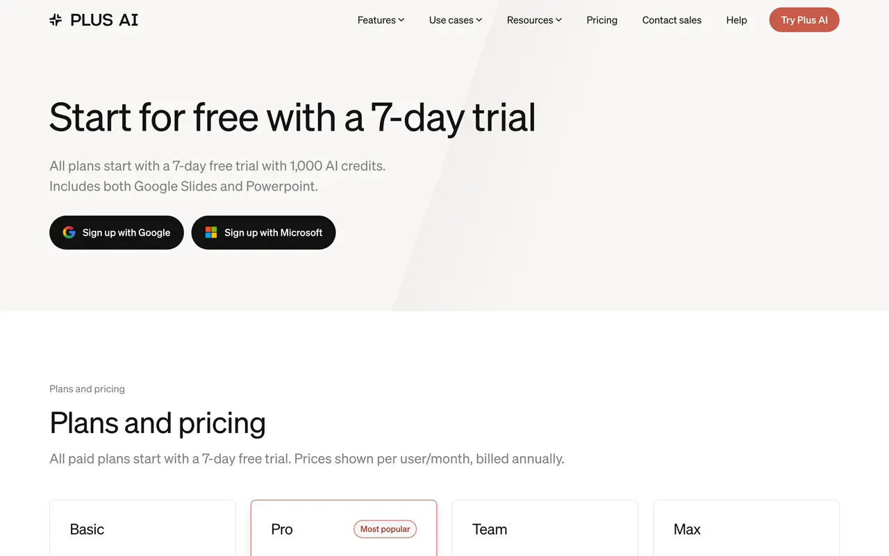Plus AI pricing page - Presentation & Slides SaaS pricing tiers and plans