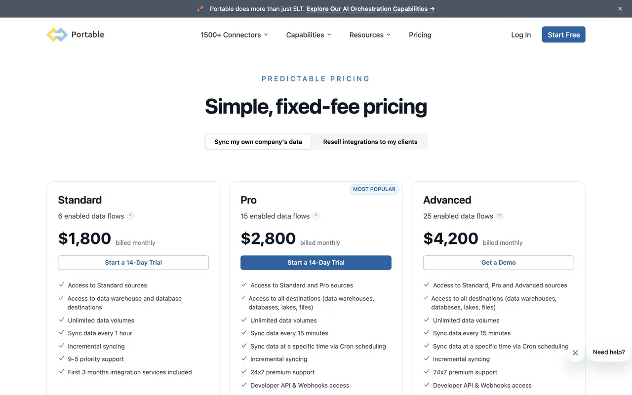 Portable pricing page - ETL SaaS pricing tiers and plans