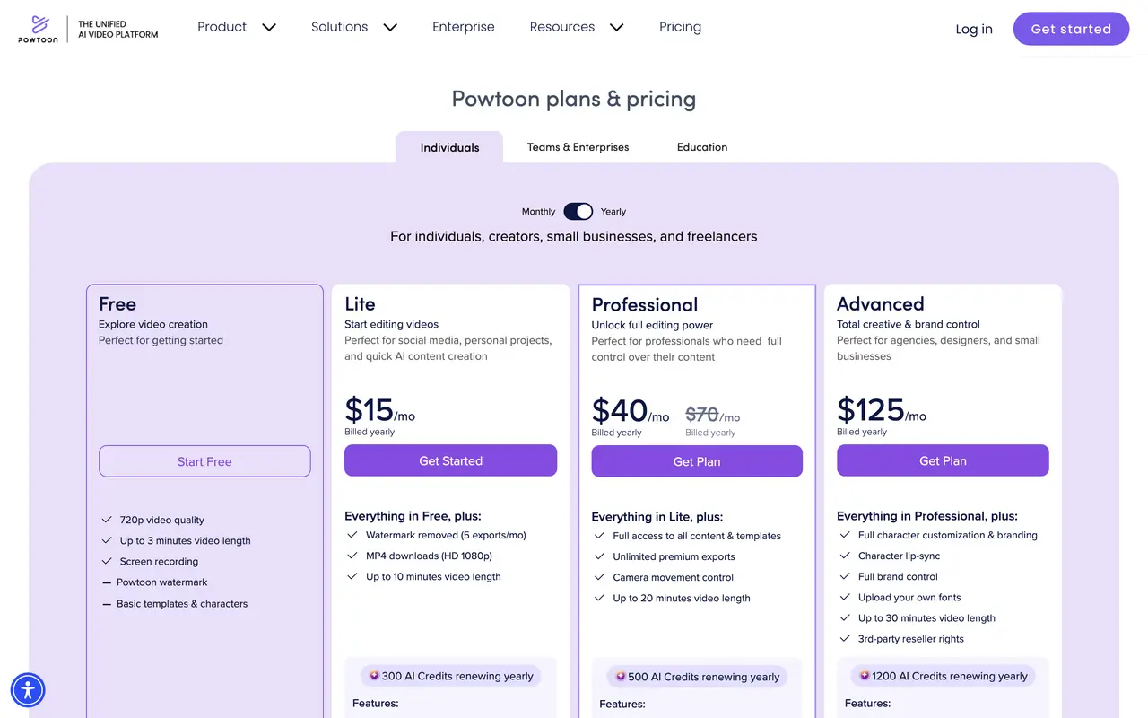 Powtoon pricing page - Animation SaaS pricing tiers and plans