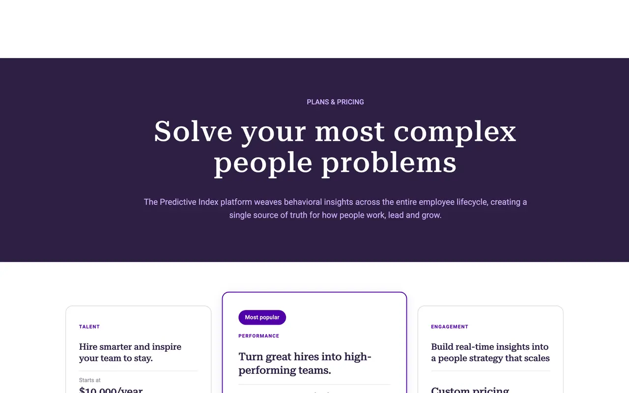 Predictive Index pricing page - Assessment SaaS pricing tiers and plans