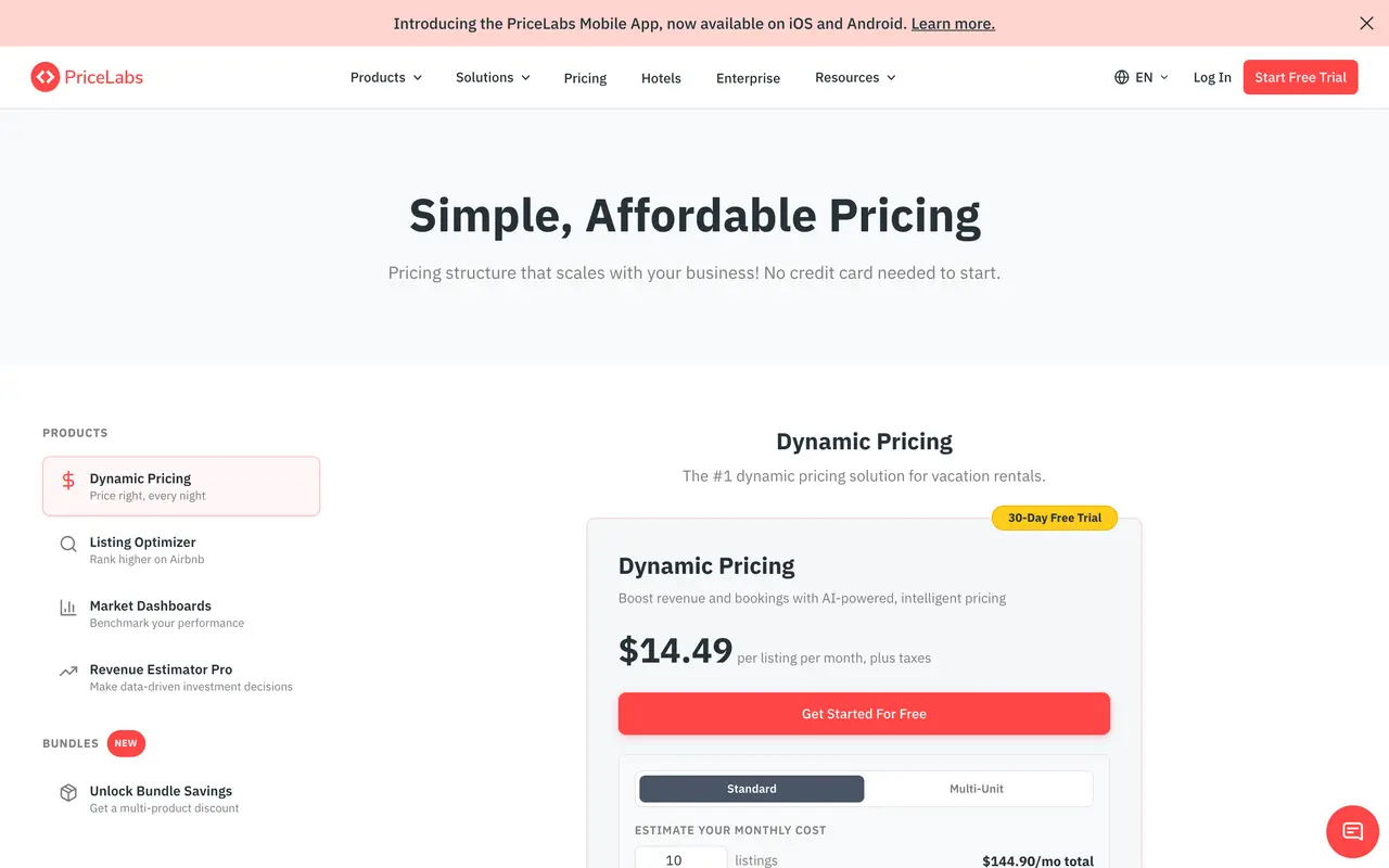 PriceLabs pricing page - Revenue Management SaaS pricing tiers and plans