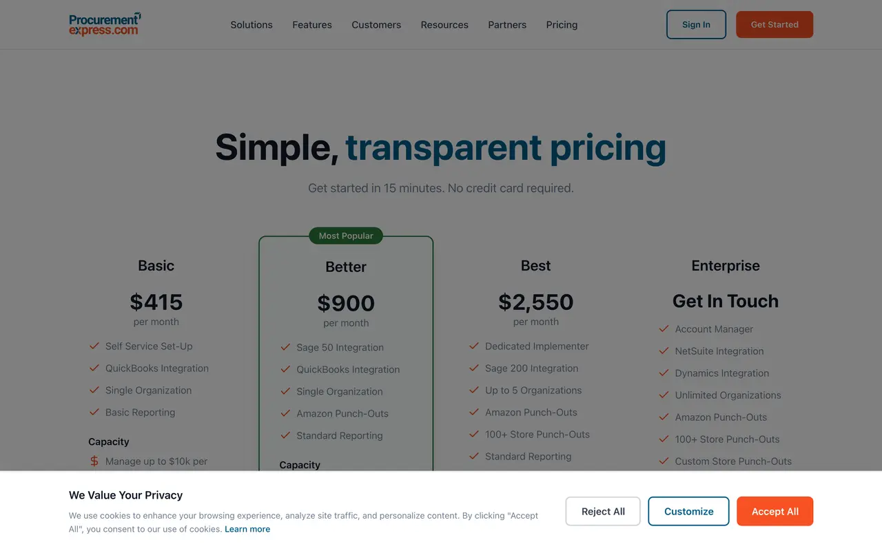 ProcurementExpress pricing page - Procurement SaaS pricing tiers and plans