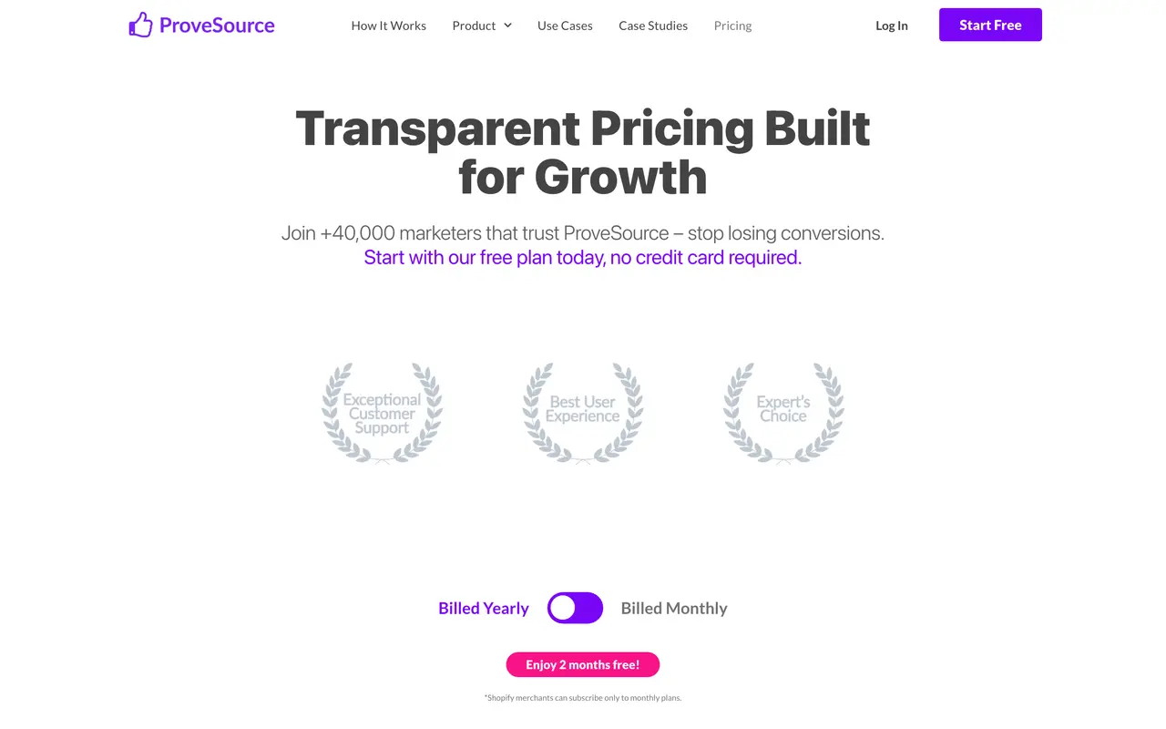 ProveSource pricing page - Conversion Optimization SaaS pricing tiers and plans