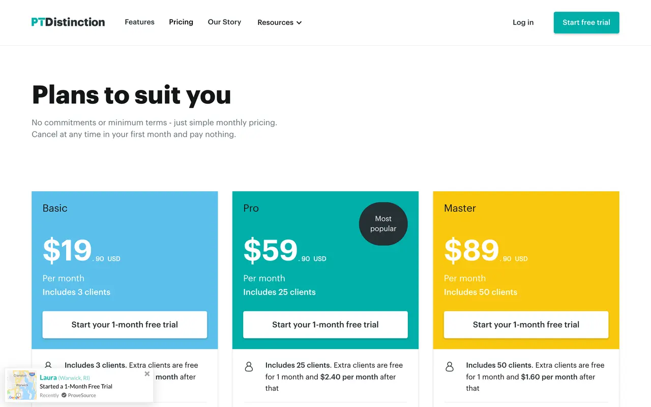 PT Distinction pricing page - Fitness SaaS pricing tiers and plans