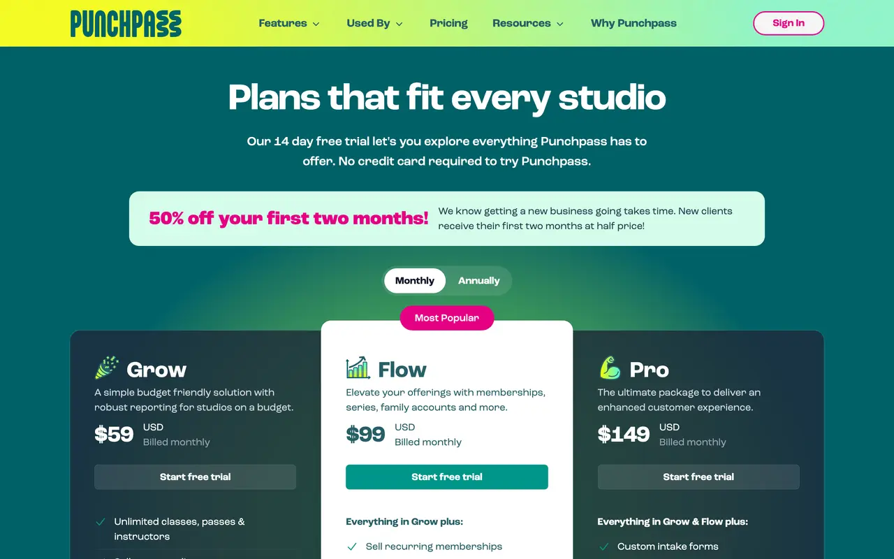 Punchpass pricing page - Fitness SaaS pricing tiers and plans