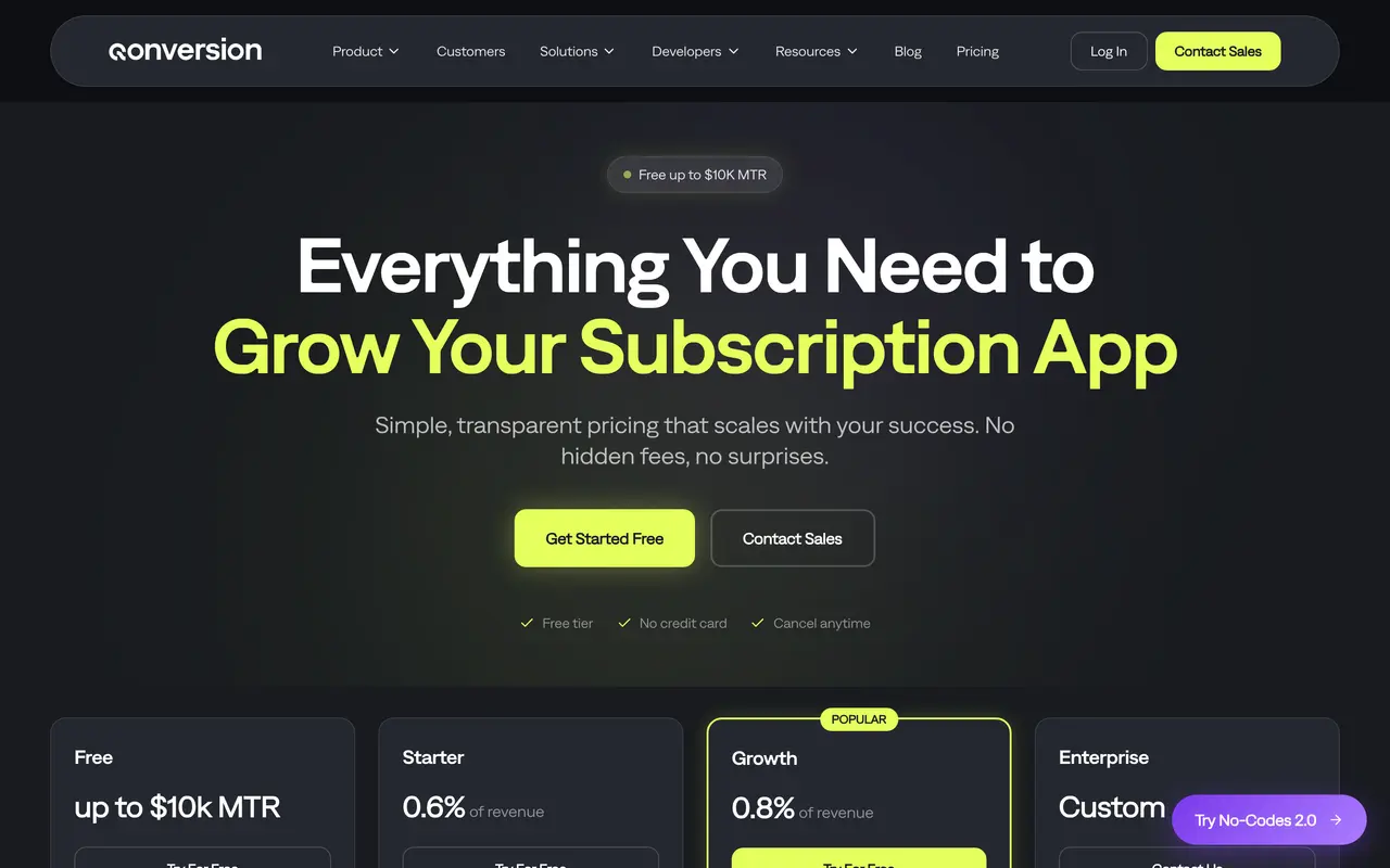 Qonversion pricing page - Subscription & Membership SaaS pricing tiers and plans