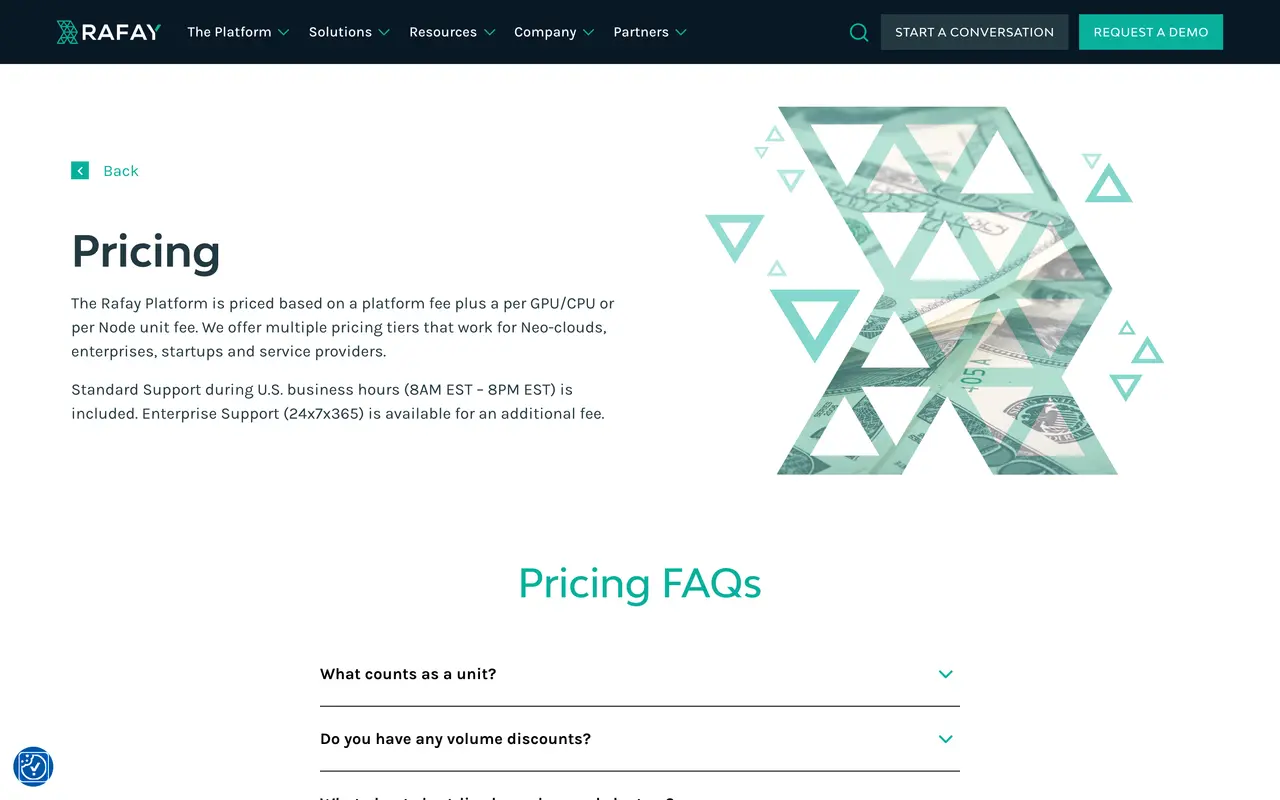 Rafay pricing page - Container & Kubernetes SaaS pricing tiers and plans