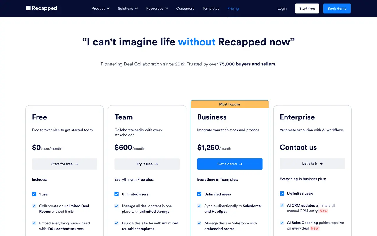 Recapped pricing page - Sales Enablement SaaS pricing tiers and plans
