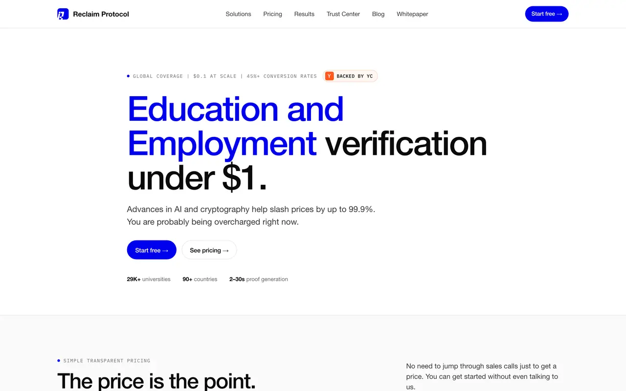 Reclaim Protocol pricing page - AI HR & Recruiting SaaS pricing tiers and plans