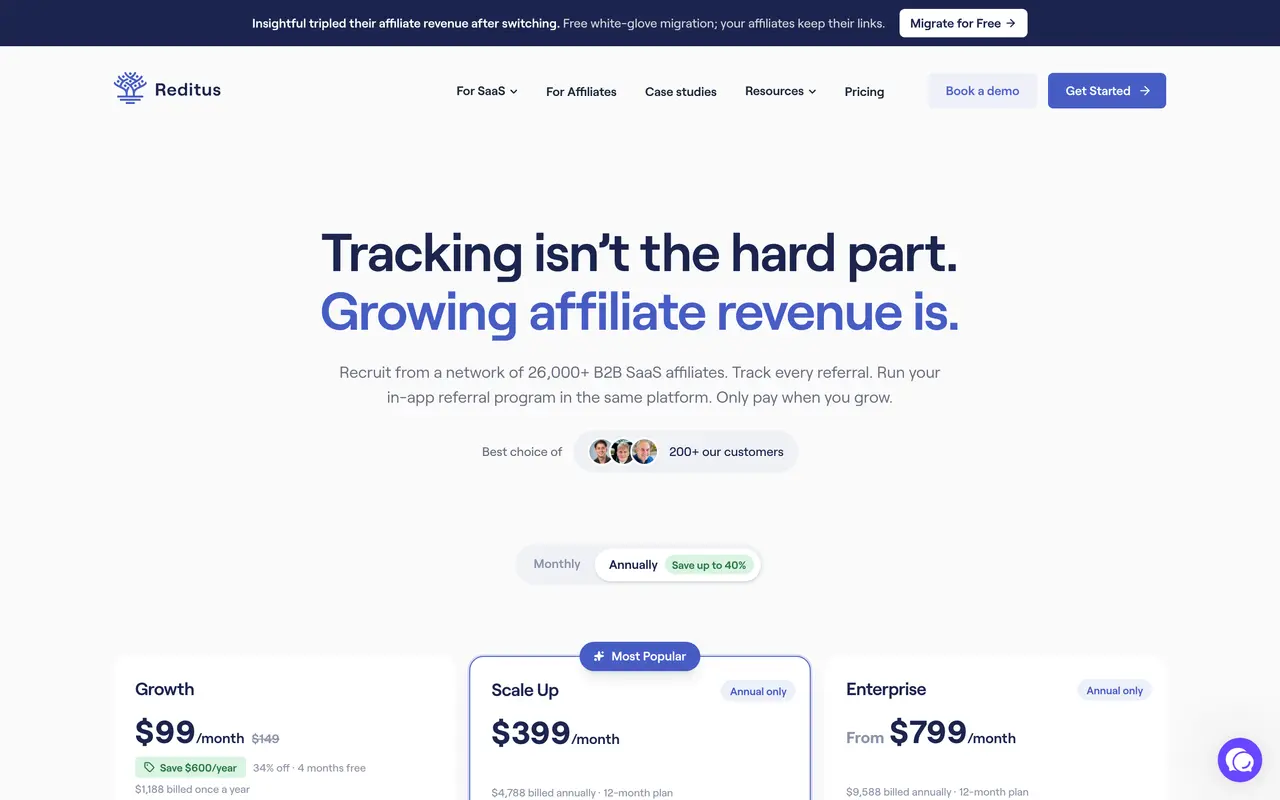 Reditus pricing page - Affiliate & Partner SaaS pricing tiers and plans
