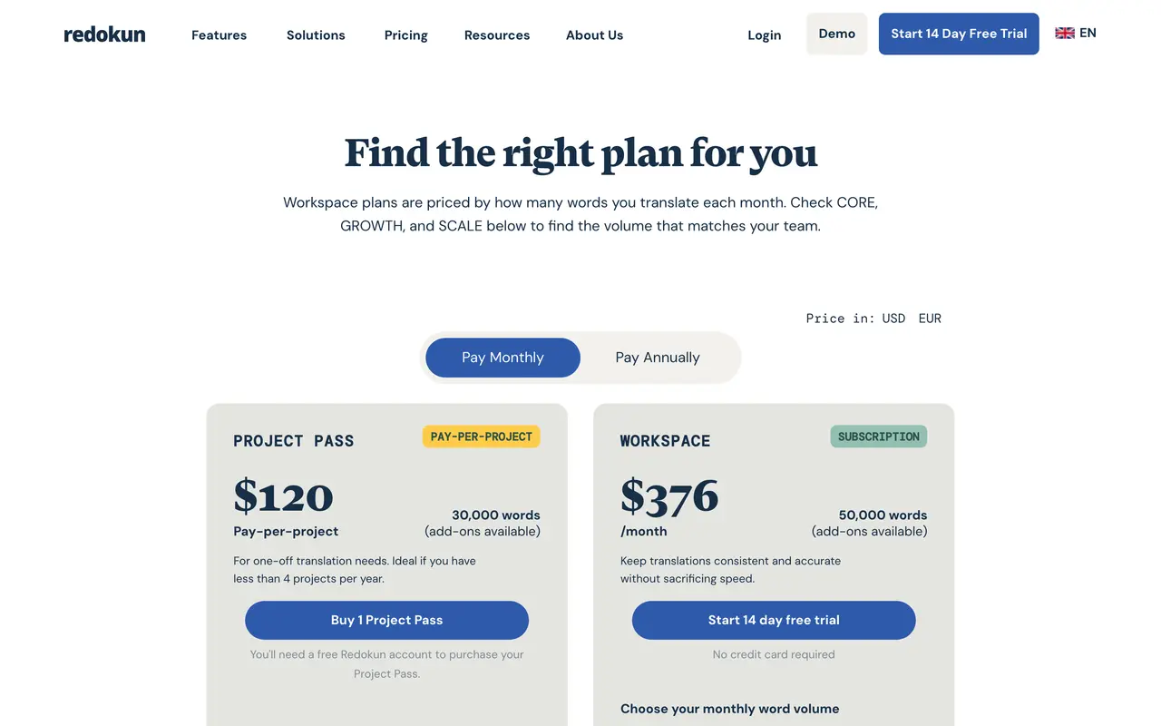 Redokun pricing page - Translation & Localization SaaS pricing tiers and plans