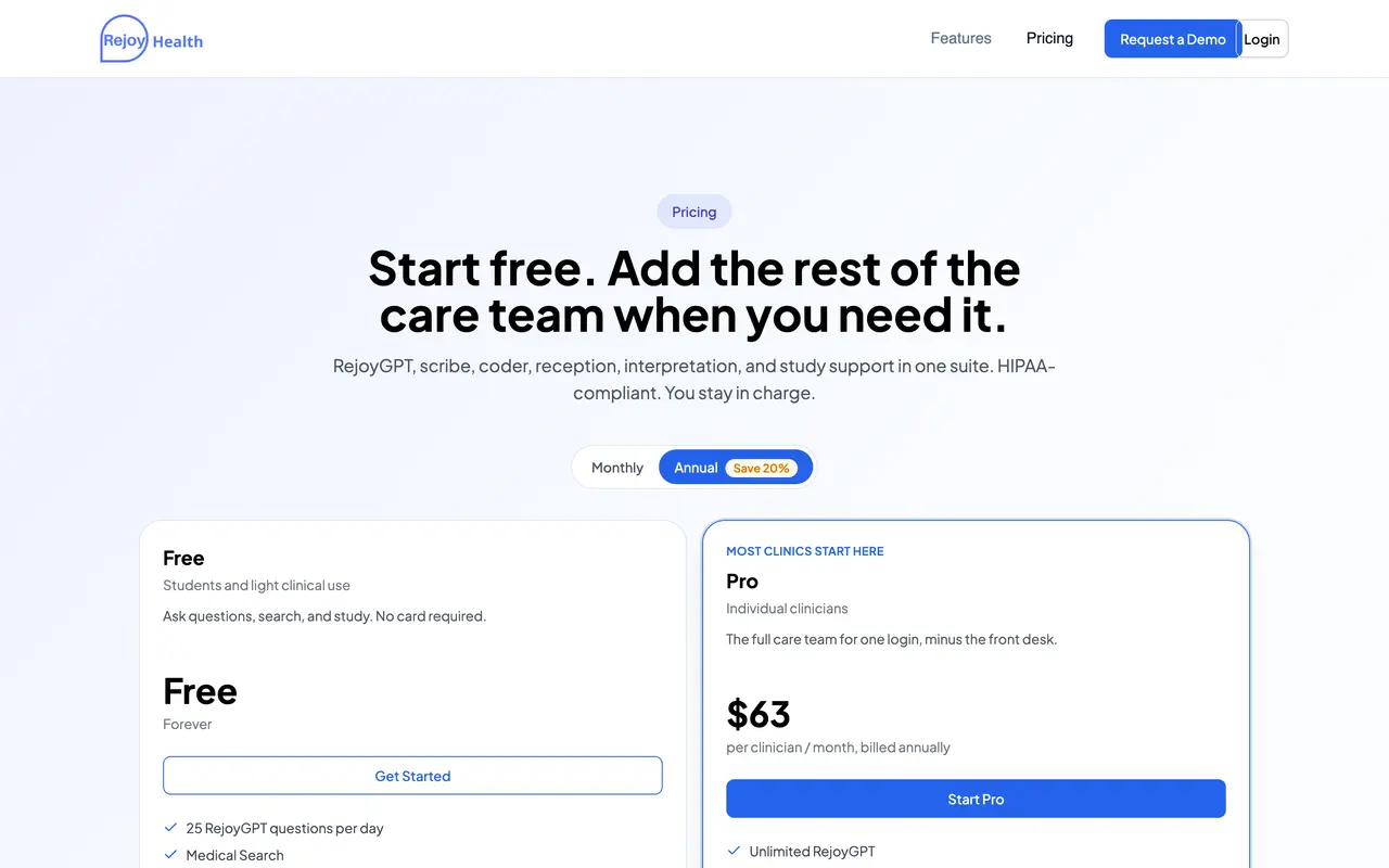 Rejoy Health pricing page - AI Healthcare SaaS pricing tiers and plans