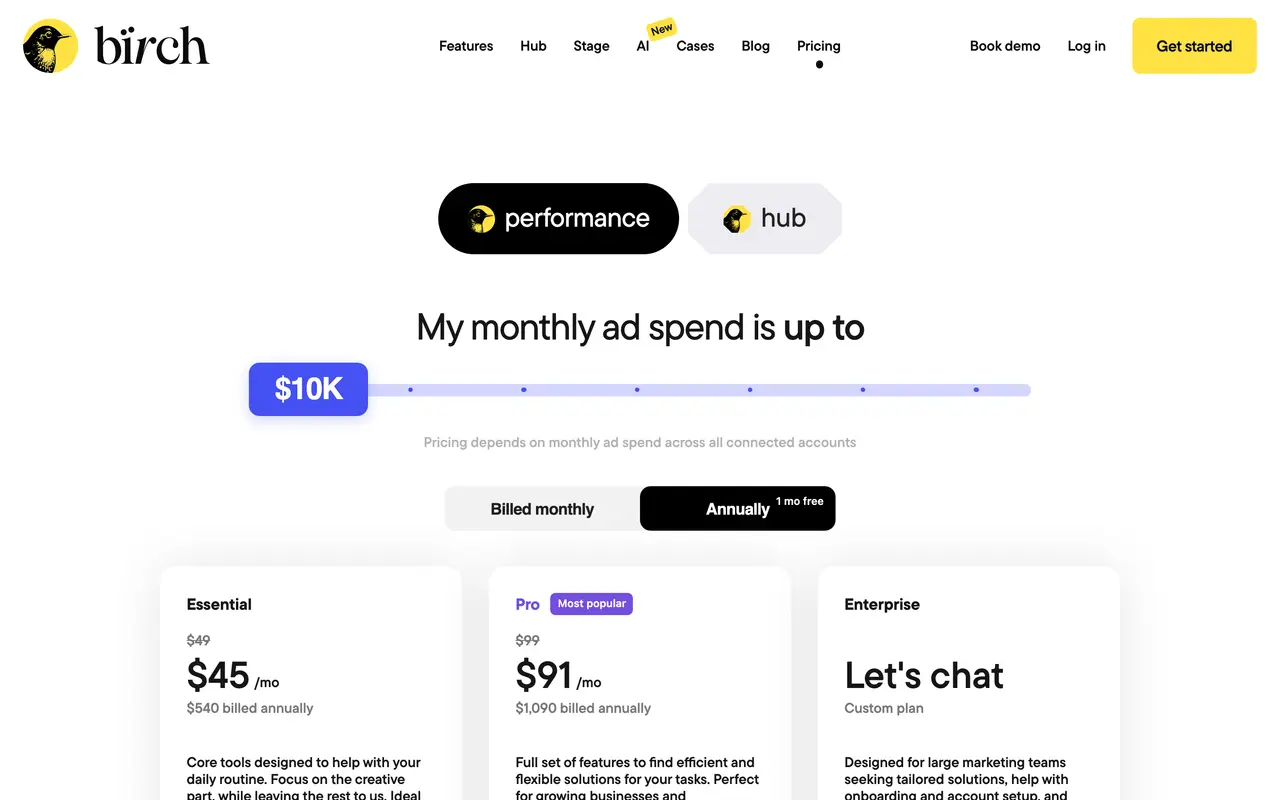 Birch pricing page - PPC SaaS pricing tiers and plans