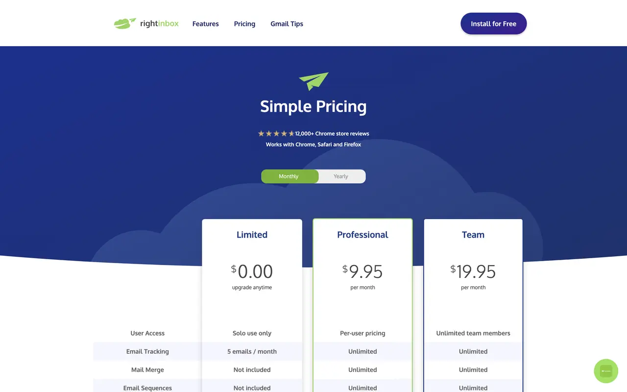 Right Inbox pricing page - Google Workspace SaaS pricing tiers and plans