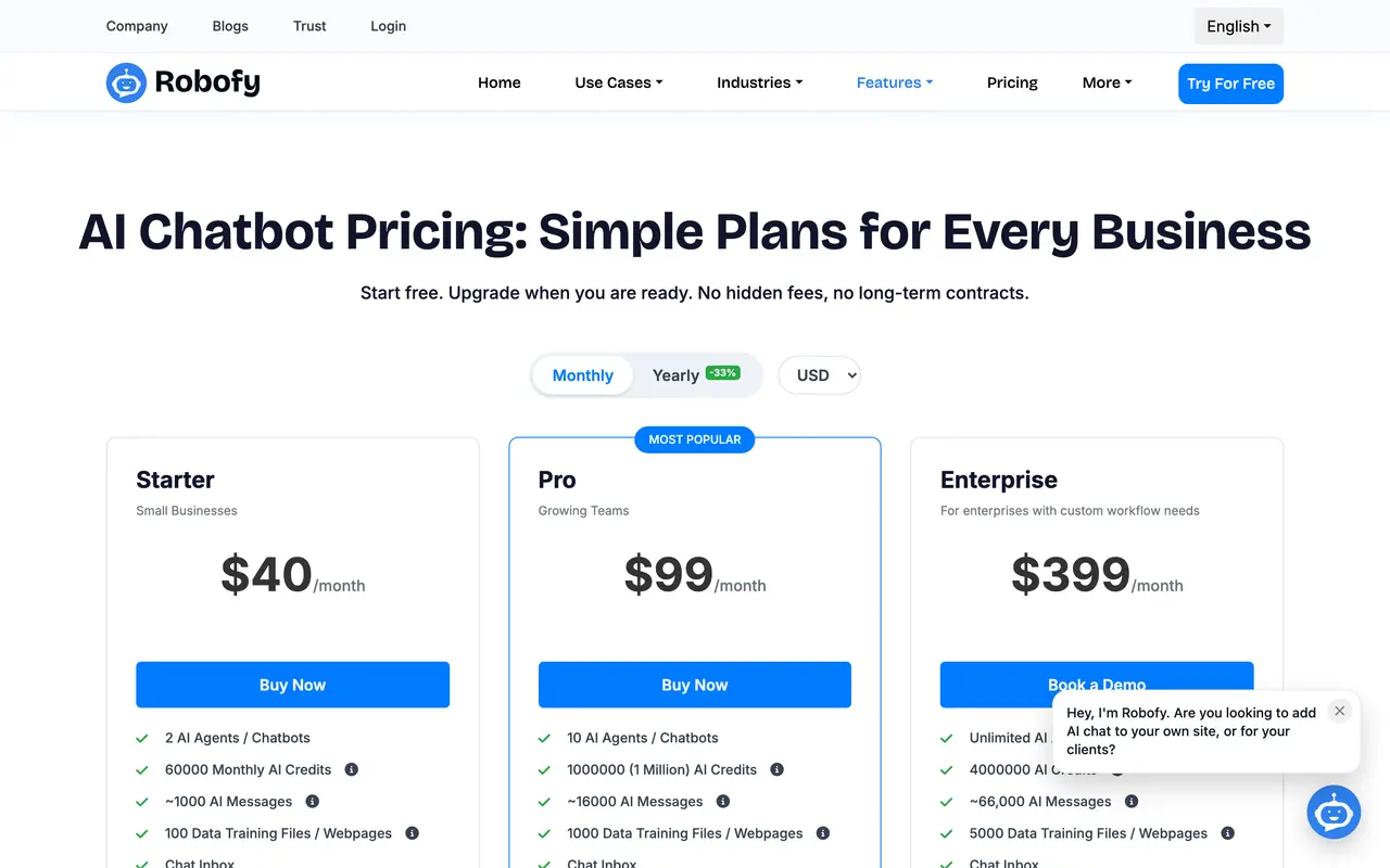 Robofy pricing page - AI Chatbot SaaS pricing tiers and plans