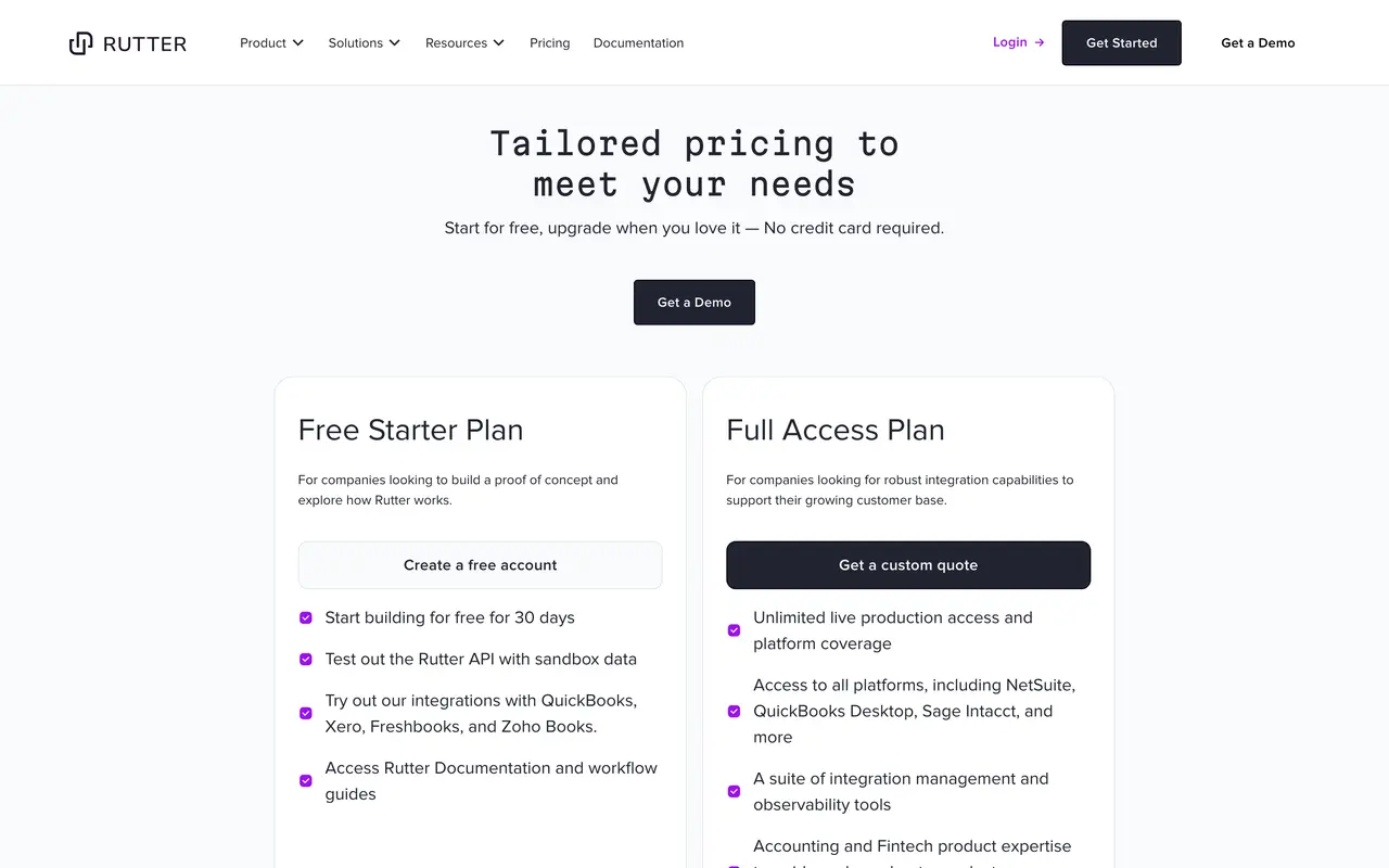Rutter pricing page - Unified API SaaS pricing tiers and plans