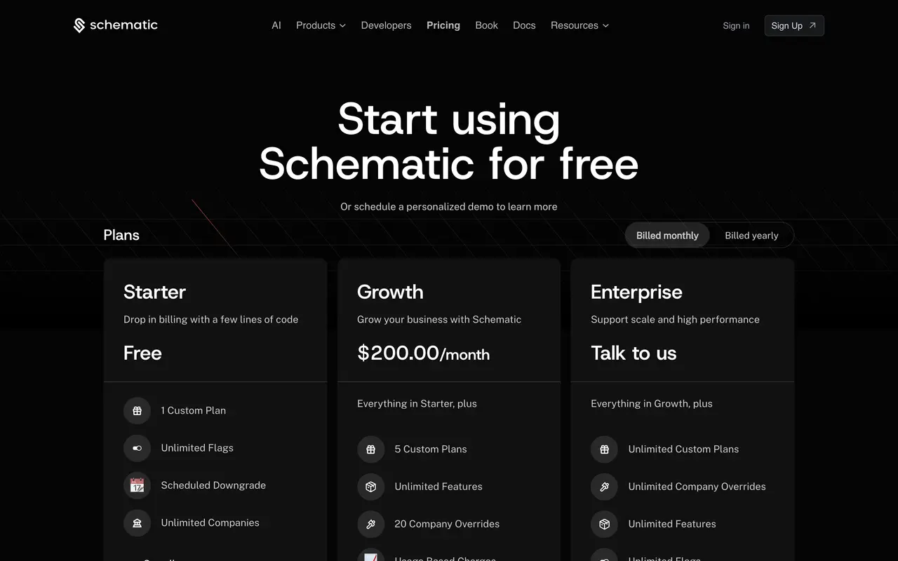 Schematic pricing page - Subscription & Membership SaaS pricing tiers and plans