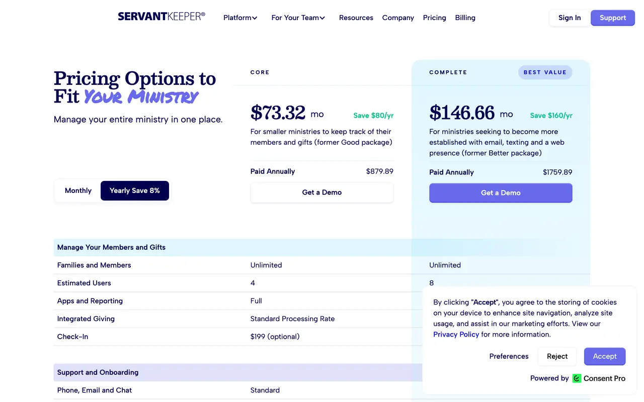 Servant Keeper pricing page - Church SaaS pricing tiers and plans