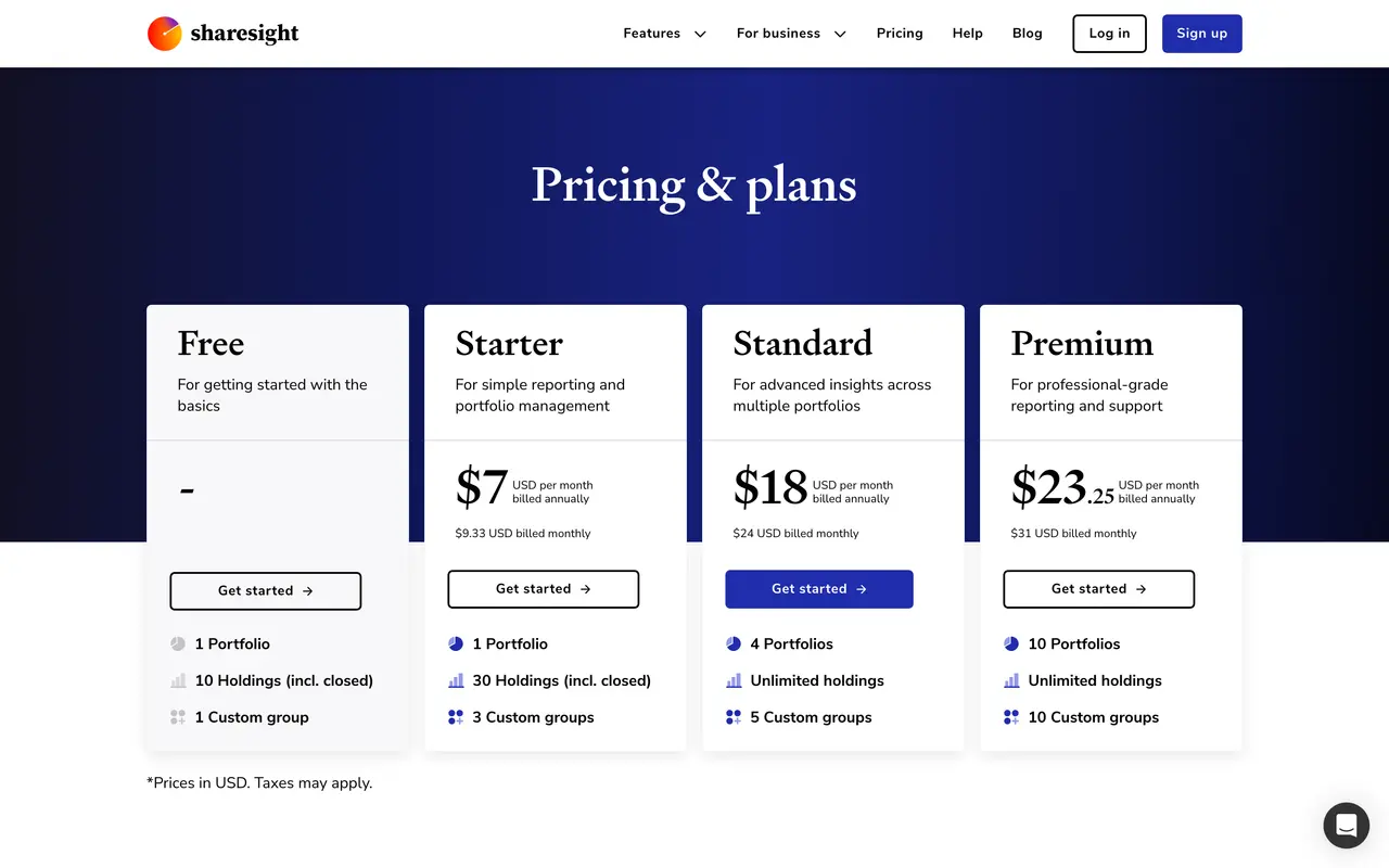 Sharesight pricing page - Investing SaaS pricing tiers and plans