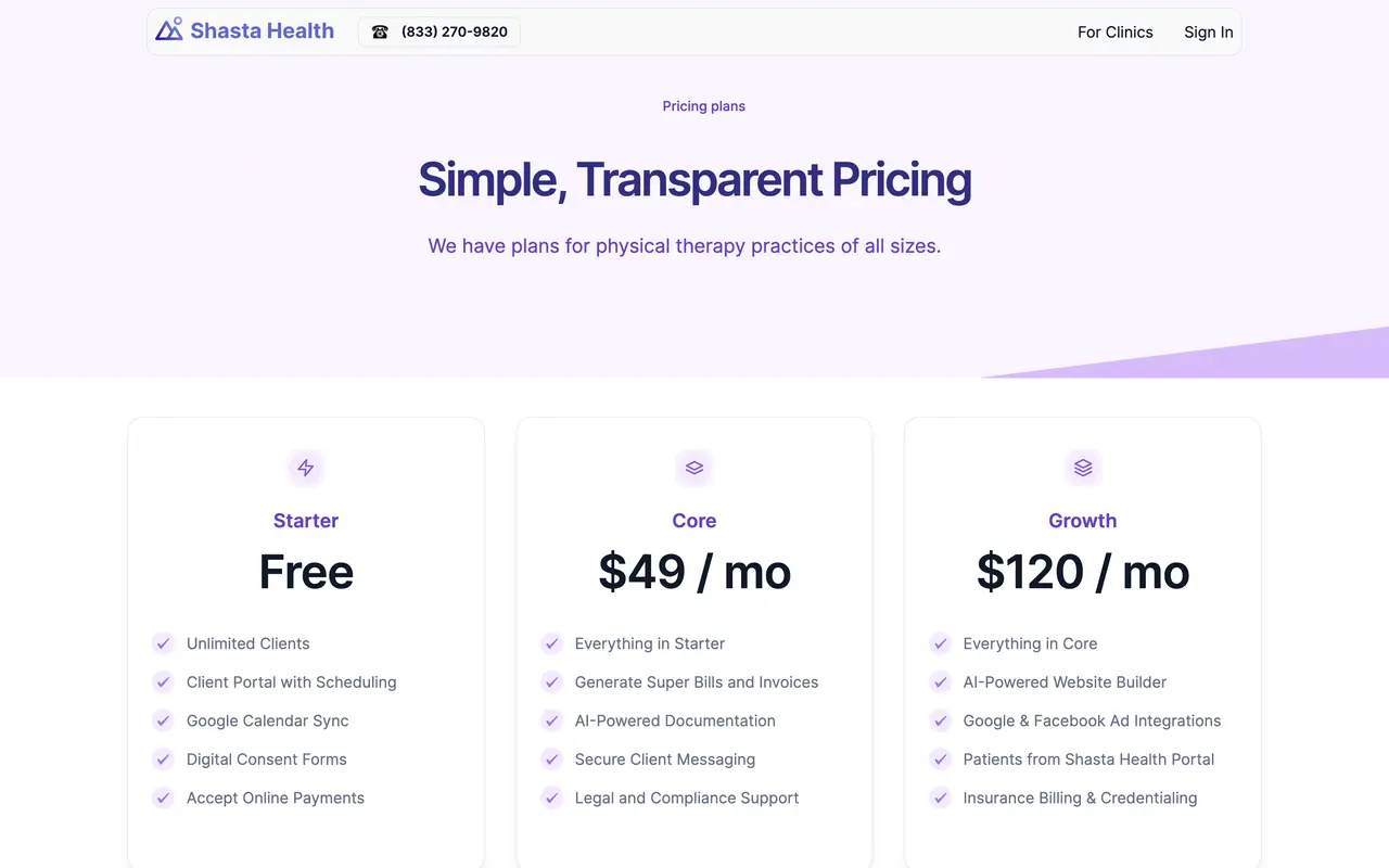 Shasta Health pricing page - AI Healthcare SaaS pricing tiers and plans