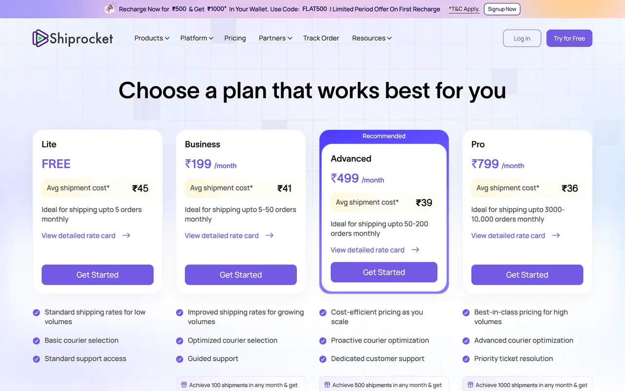 Shiprocket pricing page - Shipping SaaS pricing tiers and plans