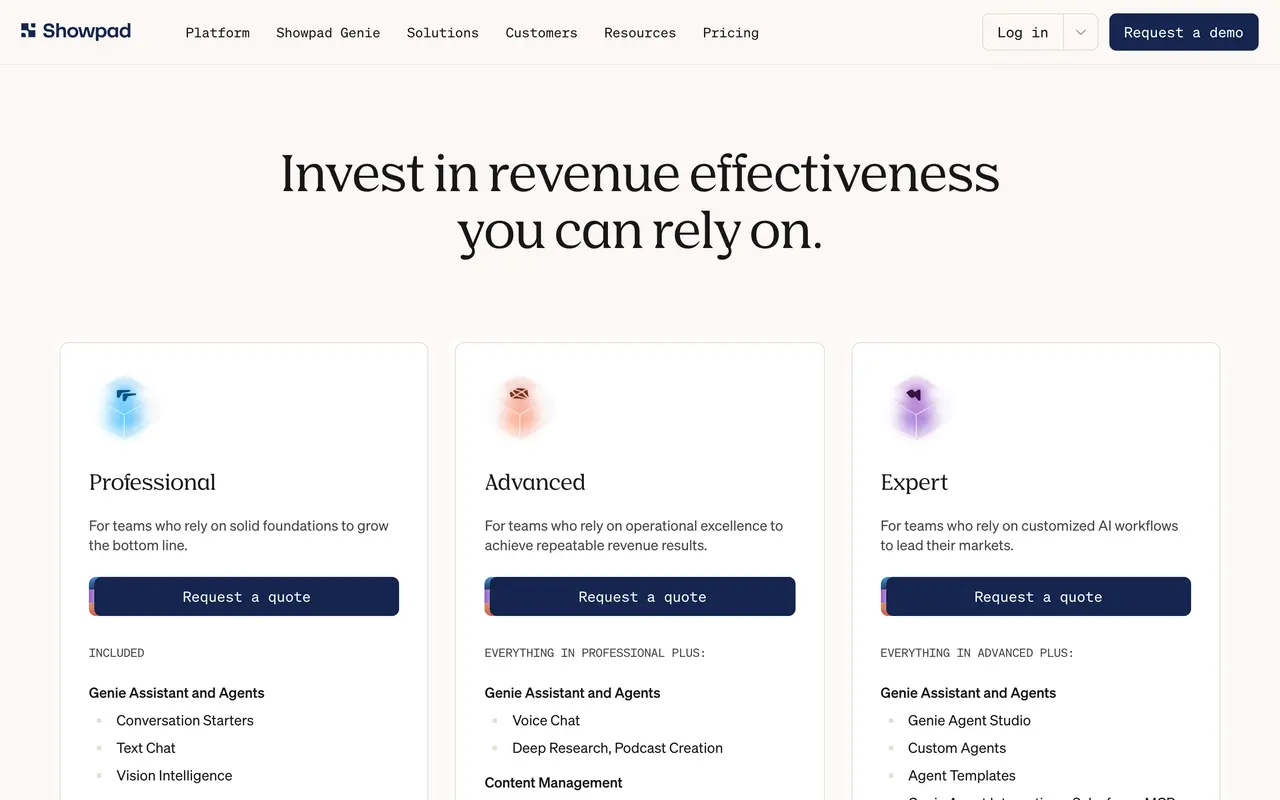 Showpad pricing page - Sales Enablement SaaS pricing tiers and plans