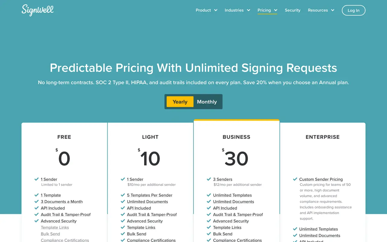 SignWell pricing page - Proposal & Contract SaaS pricing tiers and plans