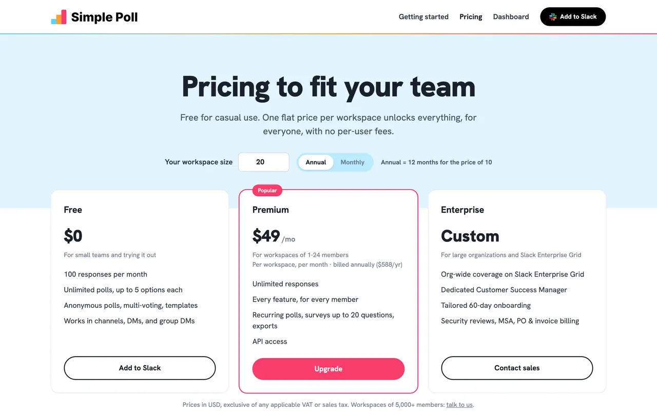 Simple Poll pricing page - Slack SaaS pricing tiers and plans