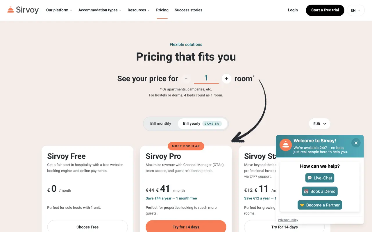 Sirvoy pricing page - Hotel SaaS pricing tiers and plans