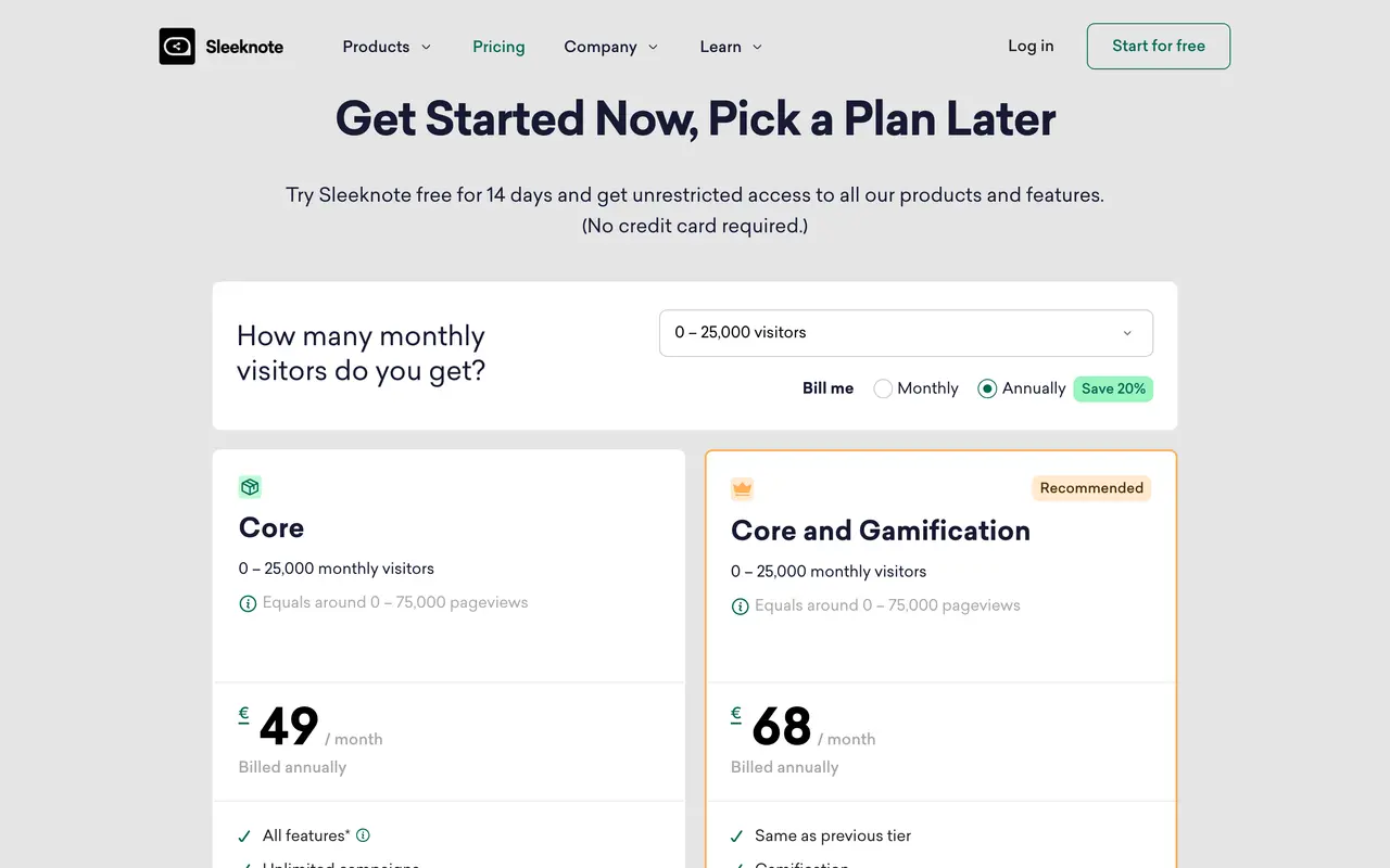 Sleeknote pricing page - Conversion Optimization SaaS pricing tiers and plans