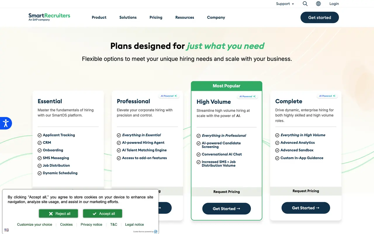 SmartRecruiters pricing page - Recruitment & ATS SaaS pricing tiers and plans