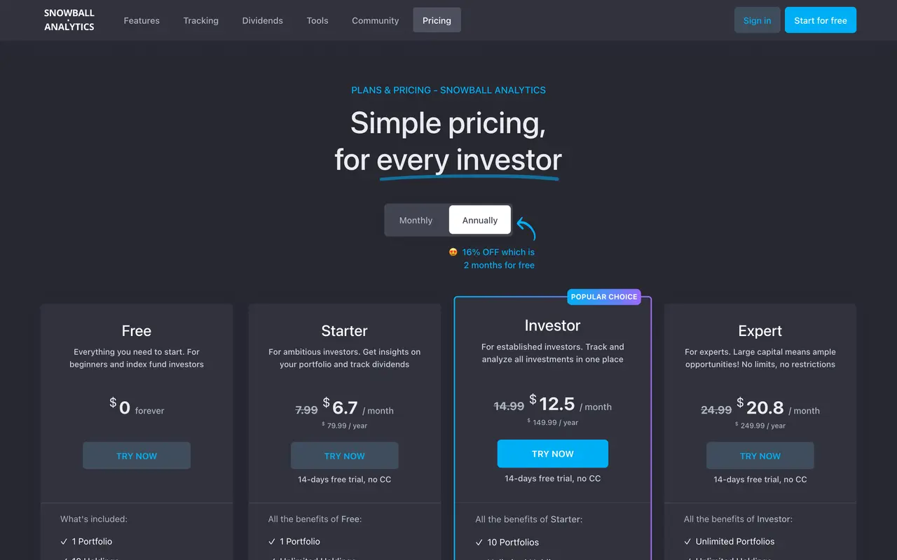 Snowball Analytics pricing page - Investing SaaS pricing tiers and plans