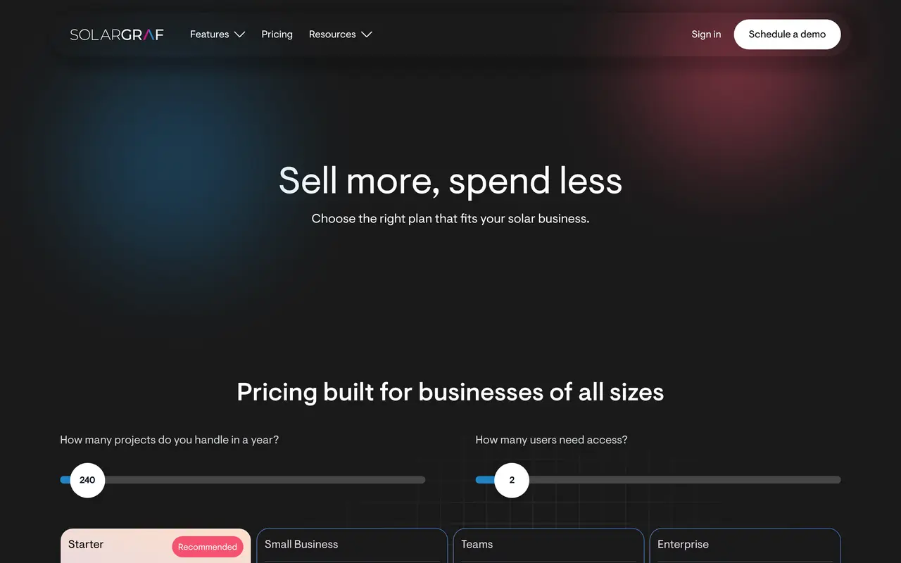 Solargraf pricing page - Solar SaaS pricing tiers and plans