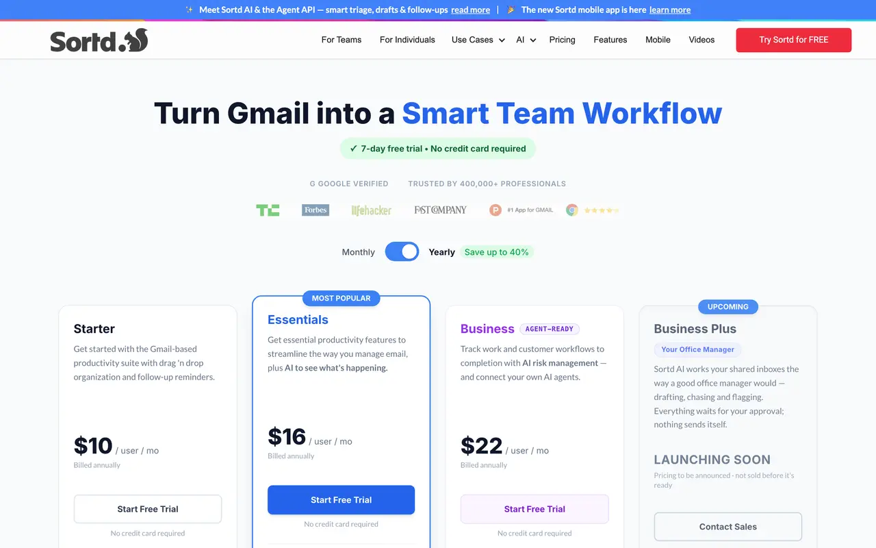 Sortd pricing page - Google Workspace SaaS pricing tiers and plans