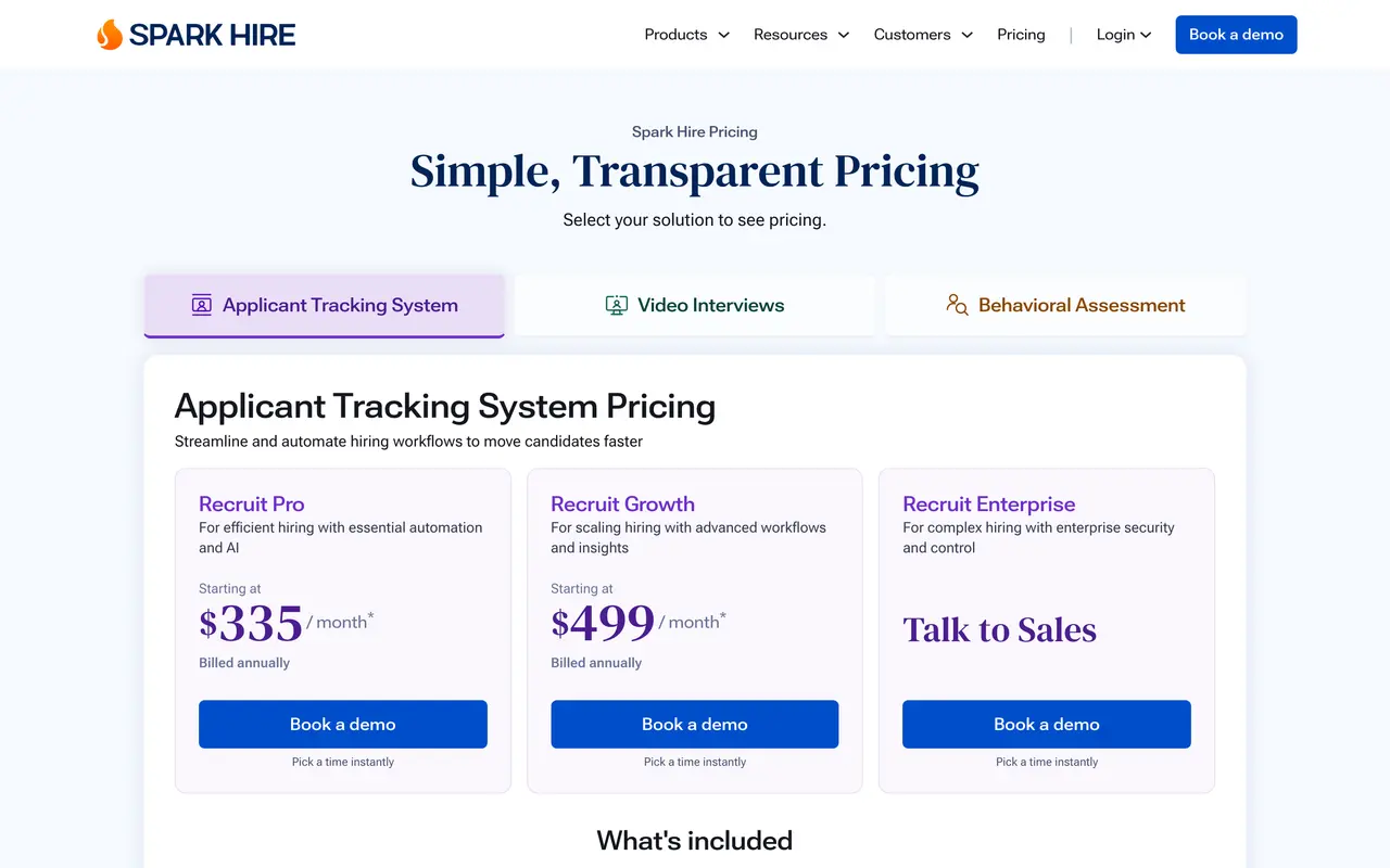 Spark Hire pricing page - Recruitment & ATS SaaS pricing tiers and plans