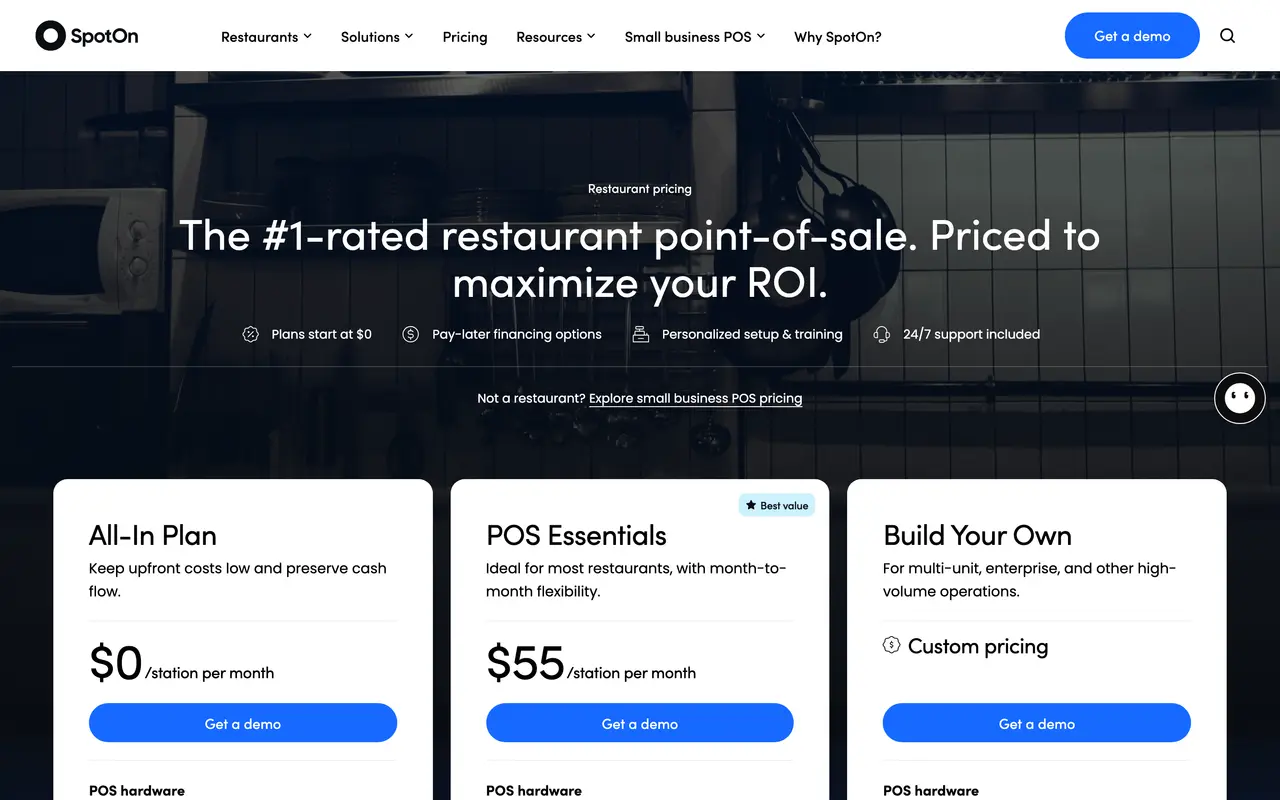 SpotOn pricing page - Food & Restaurant Tech SaaS pricing tiers and plans