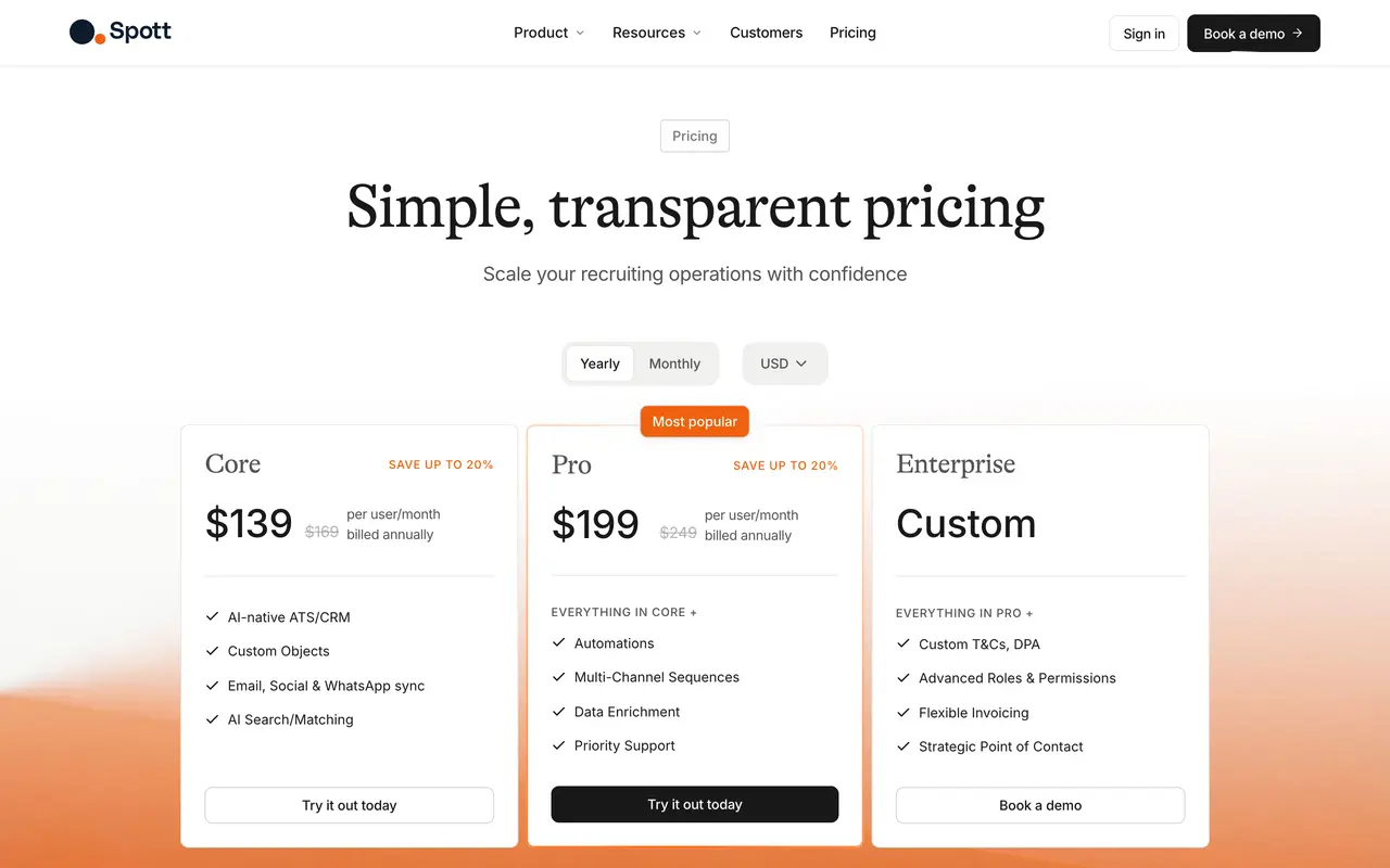 Spott pricing page - AI HR & Recruiting SaaS pricing tiers and plans