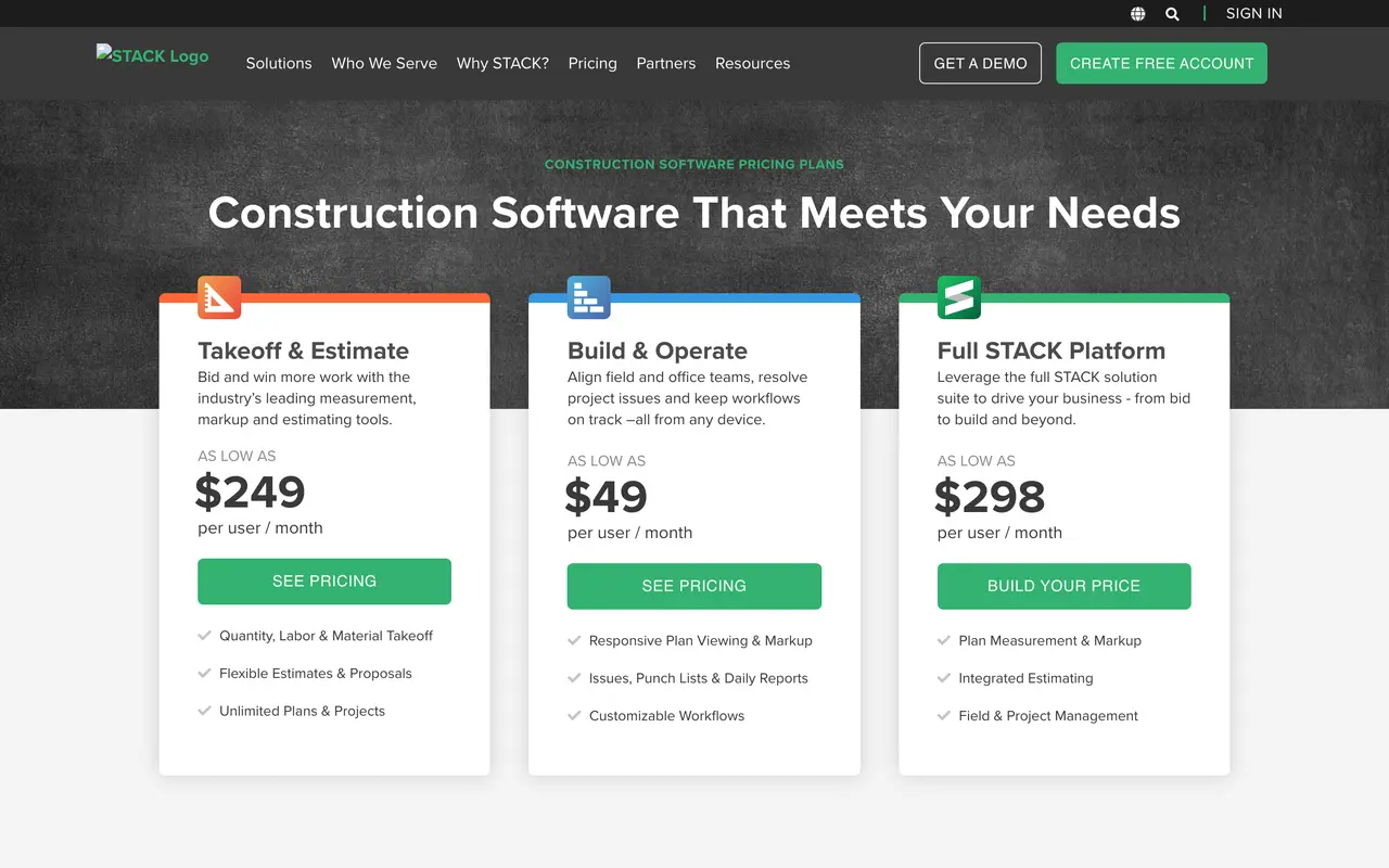 STACK pricing page - Construction SaaS pricing tiers and plans