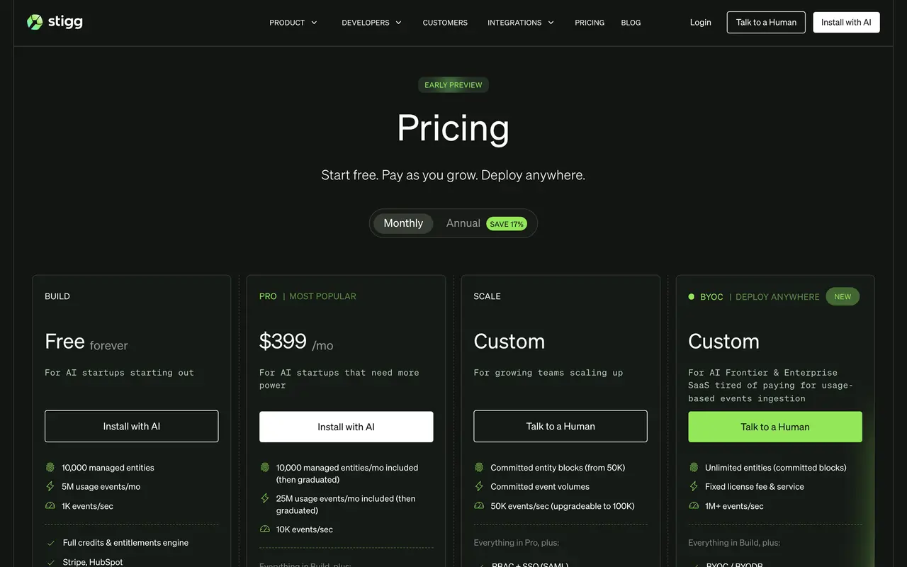 Stigg pricing page - Subscription & Membership SaaS pricing tiers and plans