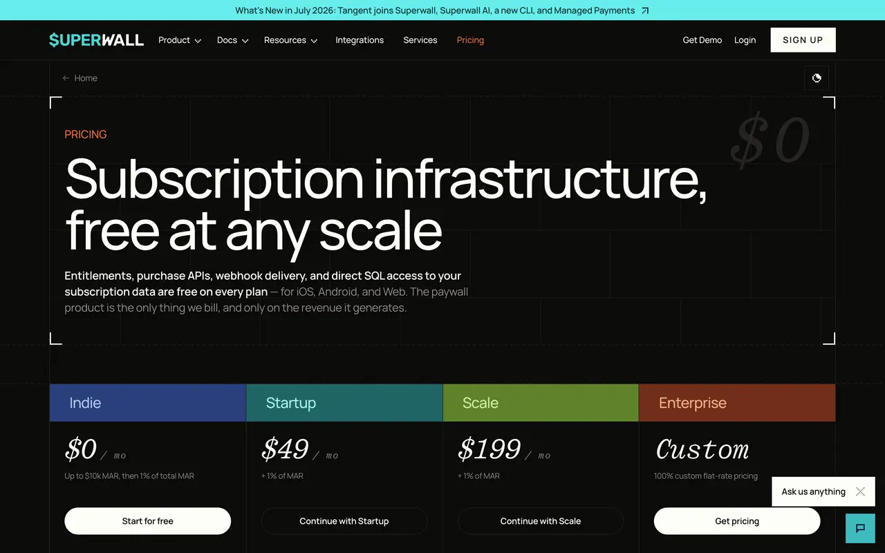Superwall pricing page - Subscription & Membership SaaS pricing tiers and plans