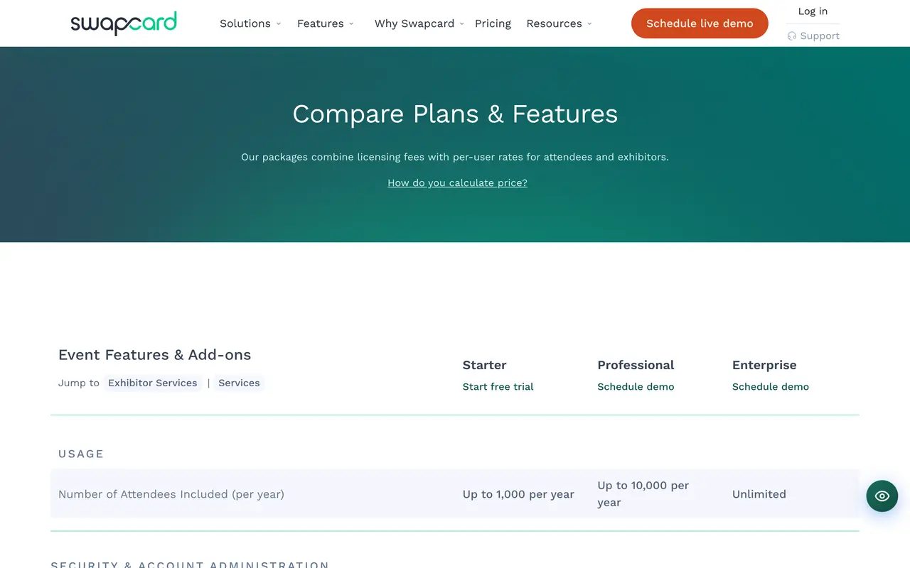 Swapcard pricing page - Event Management SaaS pricing tiers and plans