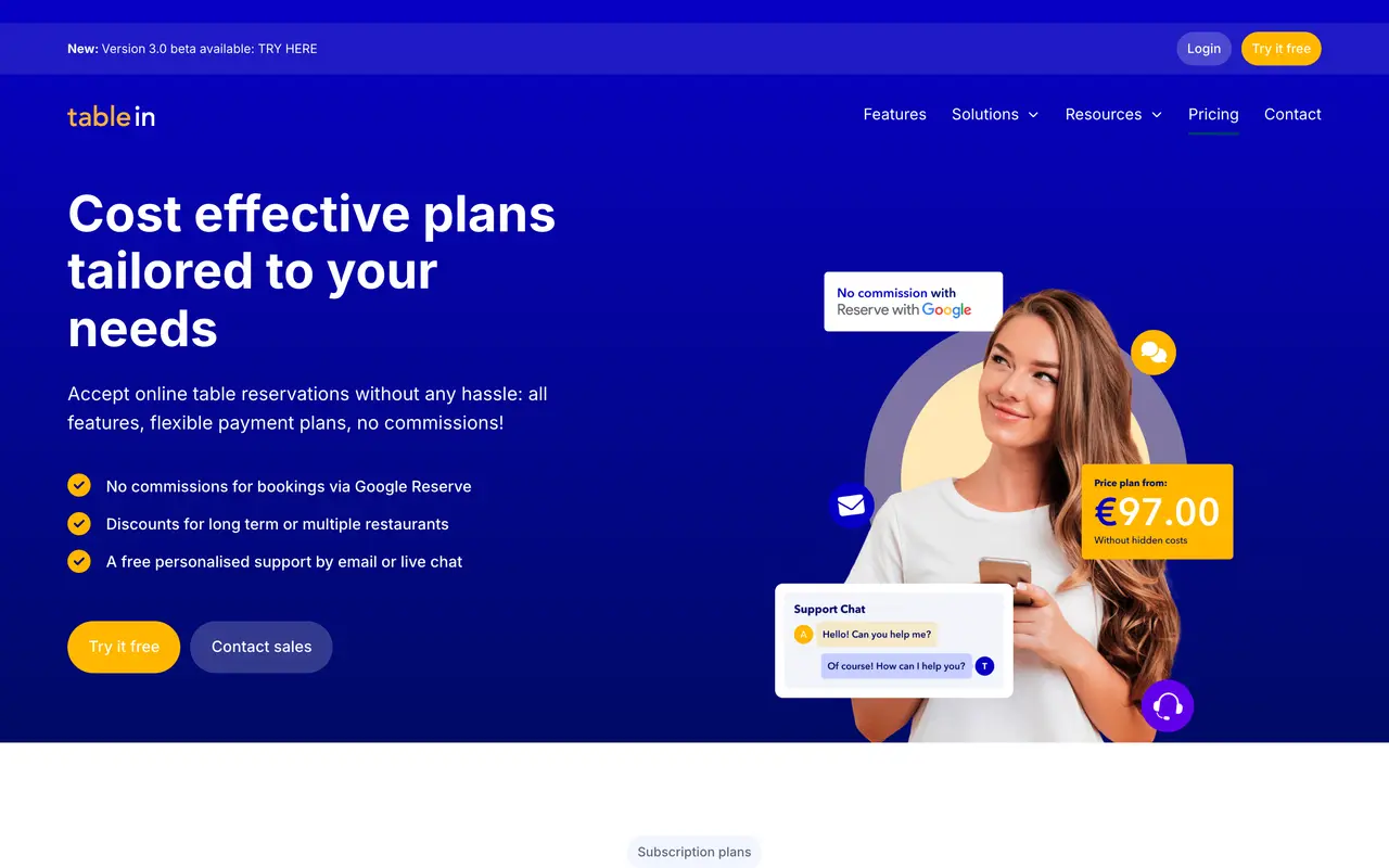 Tablein pricing page - Restaurant SaaS pricing tiers and plans