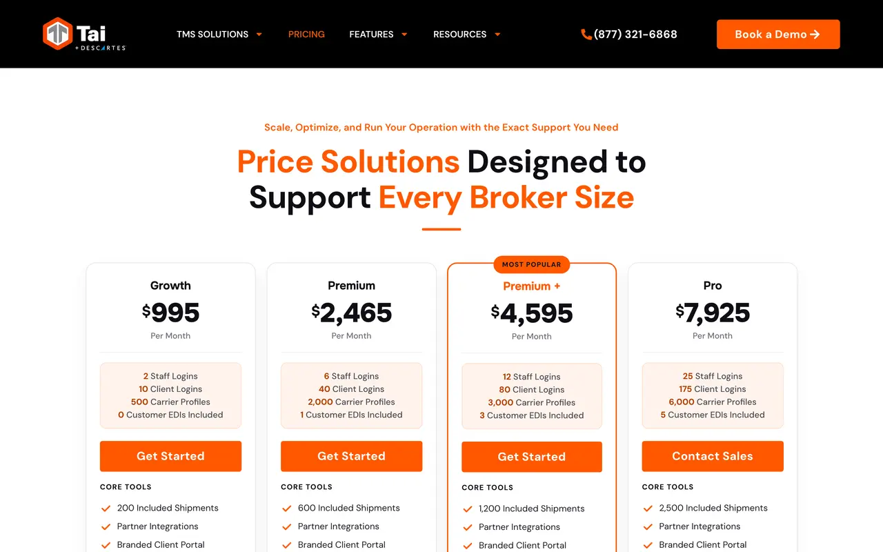 Tai Software pricing page - Logistics SaaS pricing tiers and plans
