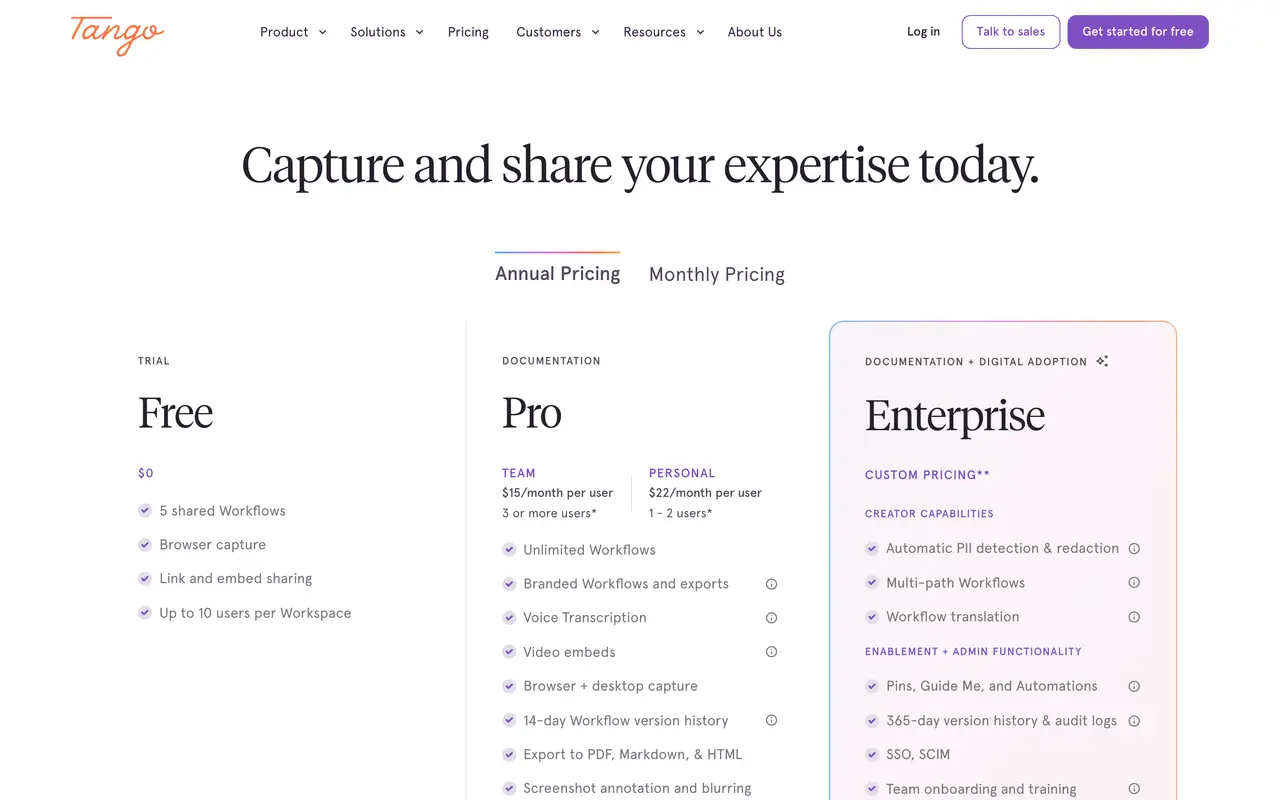 Tango pricing page - Documentation SaaS pricing tiers and plans
