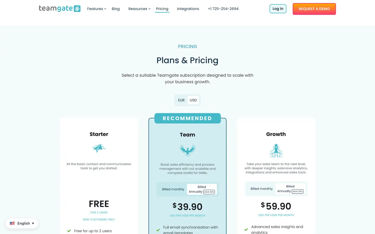 Teamgate pricing page - CRM SaaS pricing tiers and plans
