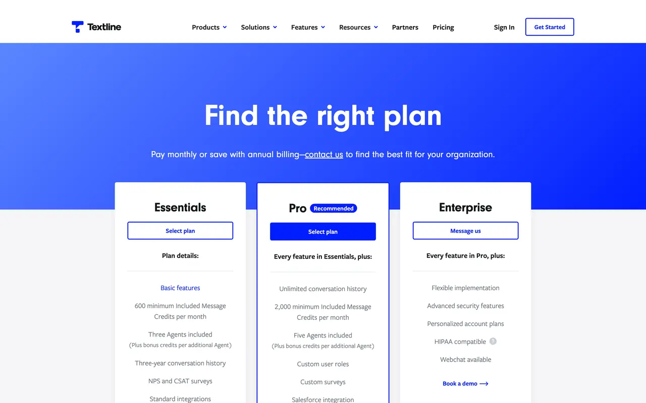 Textline pricing page - SMS SaaS pricing tiers and plans