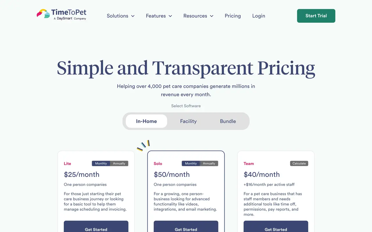 Time To Pet pricing page - Pet Care SaaS pricing tiers and plans