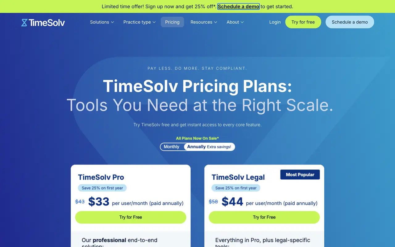 TimeSolv pricing page - Legal SaaS pricing tiers and plans