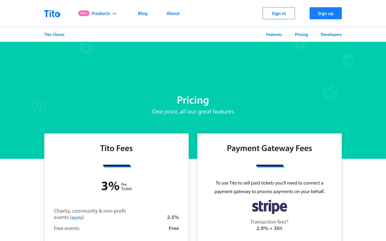 Tito pricing page - Events SaaS pricing tiers and plans